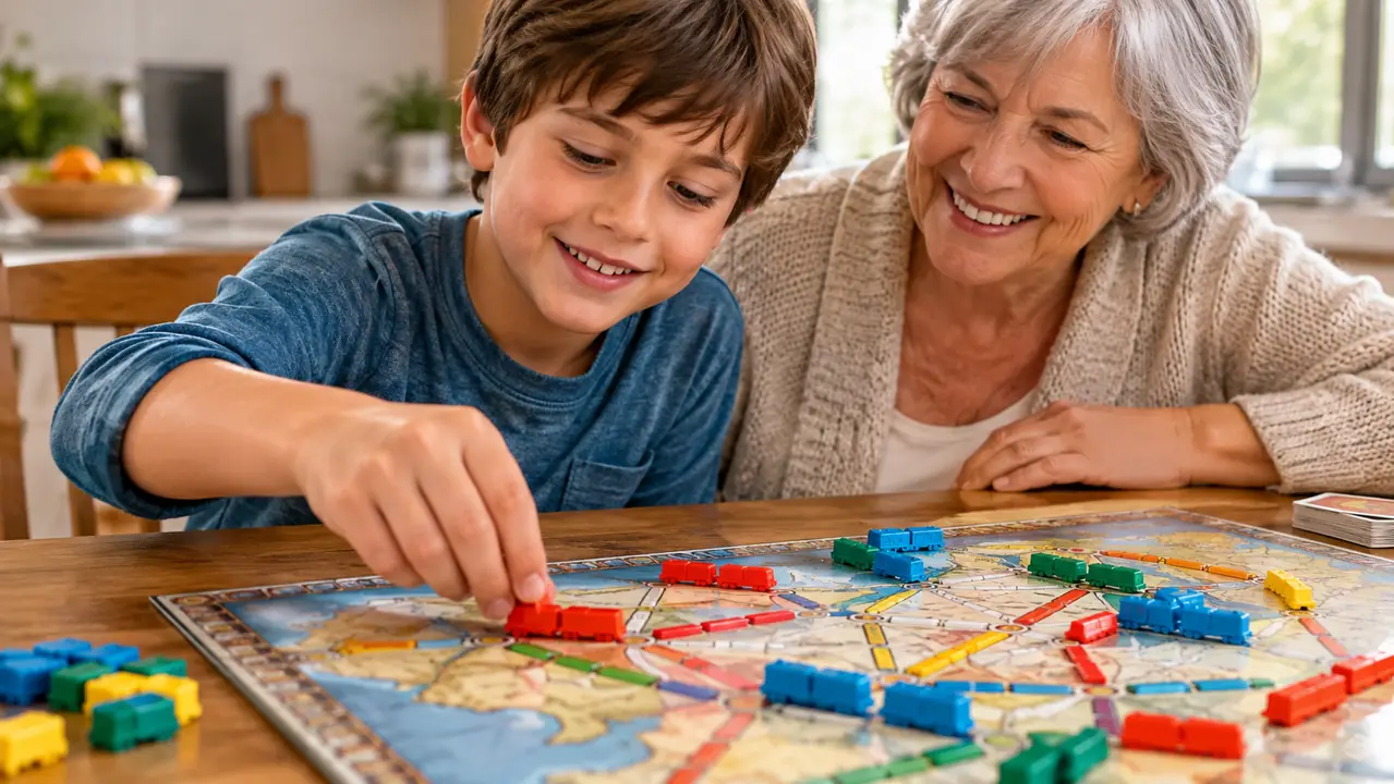 A child's hand placing a small plastic train on a board game map with colorful routes