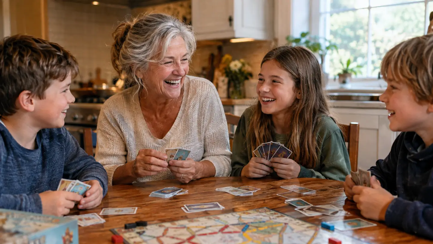 A grandmother laughing with her grandchildren as they play a board game at the kitchen table