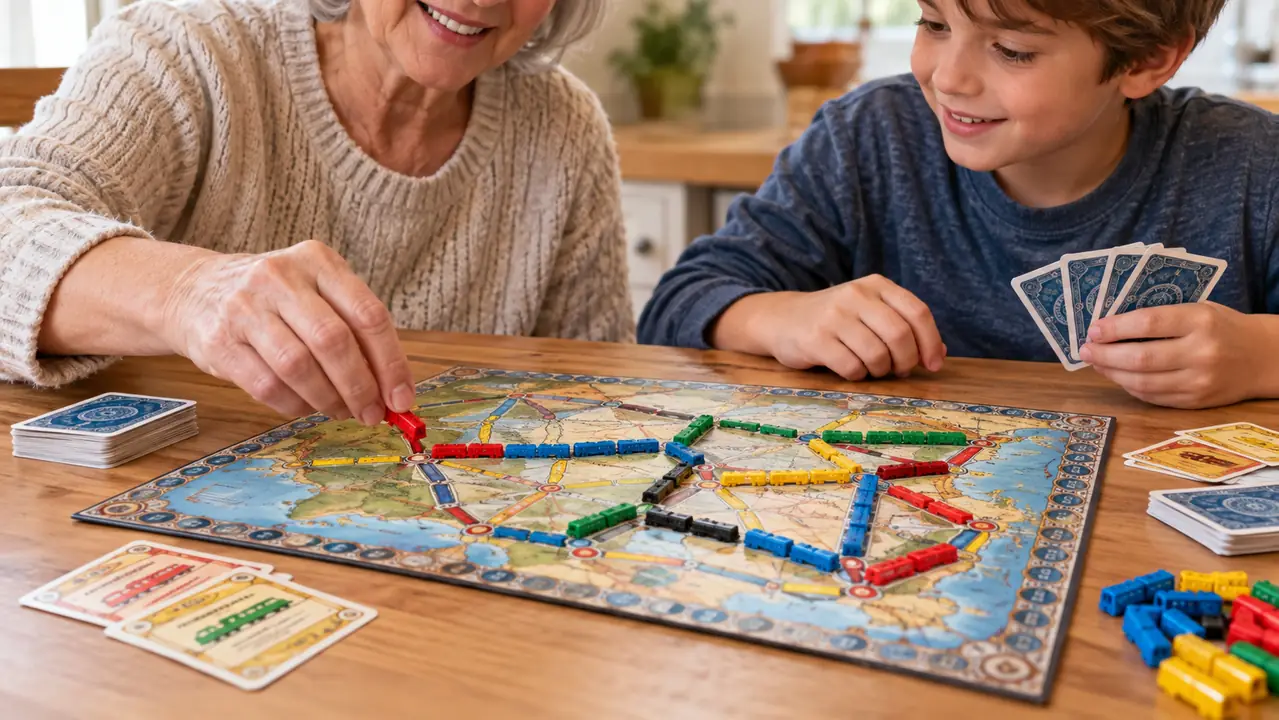 Hands place small plastic train pieces on a board game map with routes between cities during a family game night.