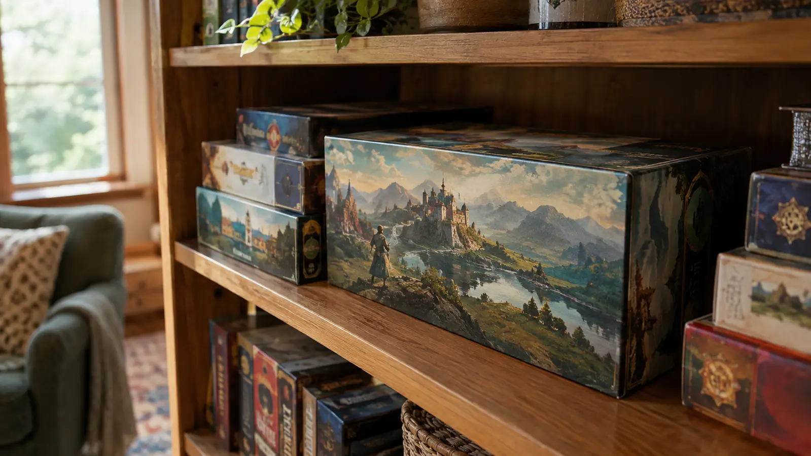 A board game box sits on a bookshelf in a den, surrounded by other board games.