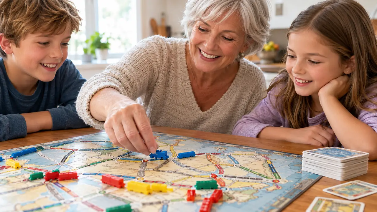 A hand placing a small plastic train piece onto a board game map with printed route lines, with a stack of cards beside the board