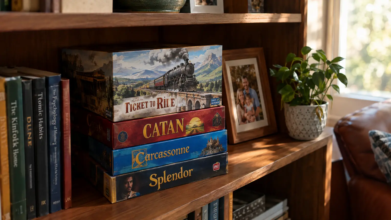 A home bookshelf with a neat stack of board game boxes, the top box showing a train illustration on its cover