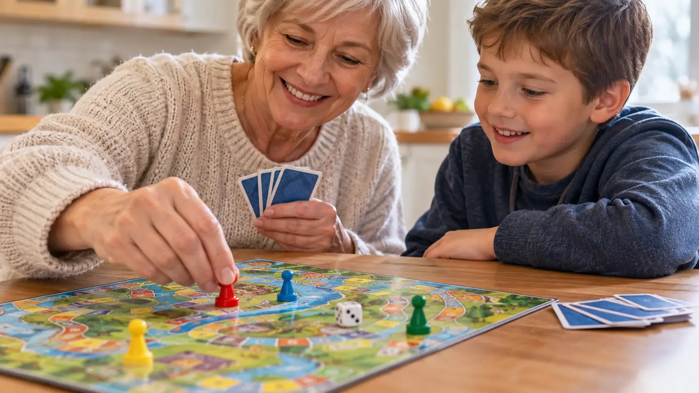 Hands placing a small plastic piece on a board game while holding a small stack of cards