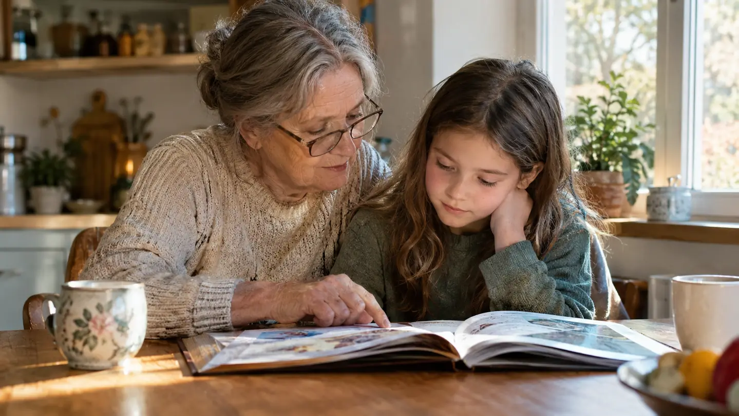 A grandmother and a young girl sitting side by side reading an open rulebook at a kitchen table